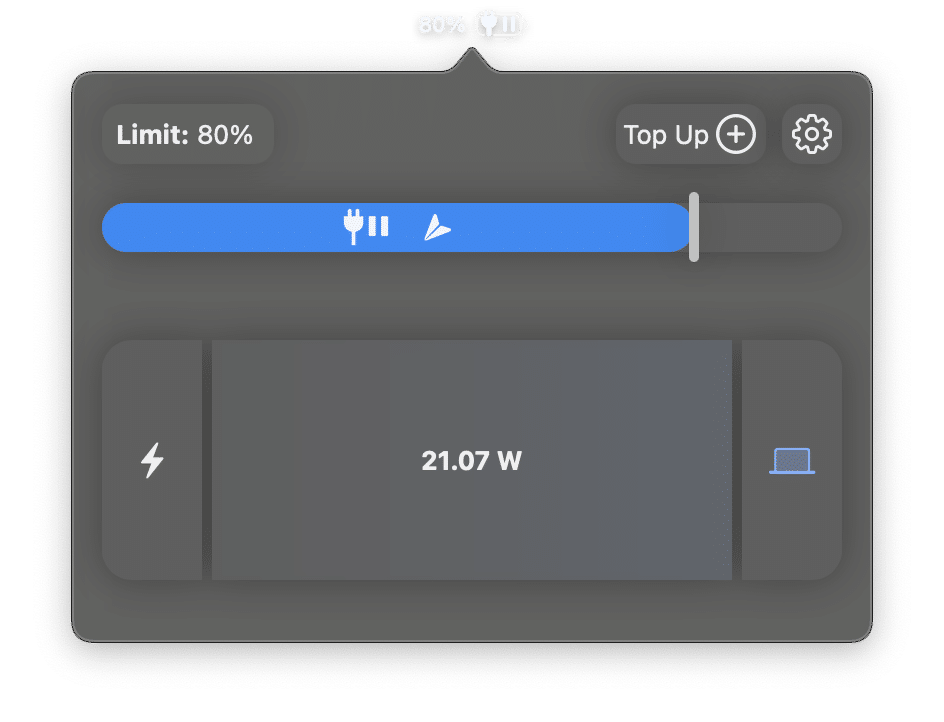 AlDente popover with the charge limit set to 80%.