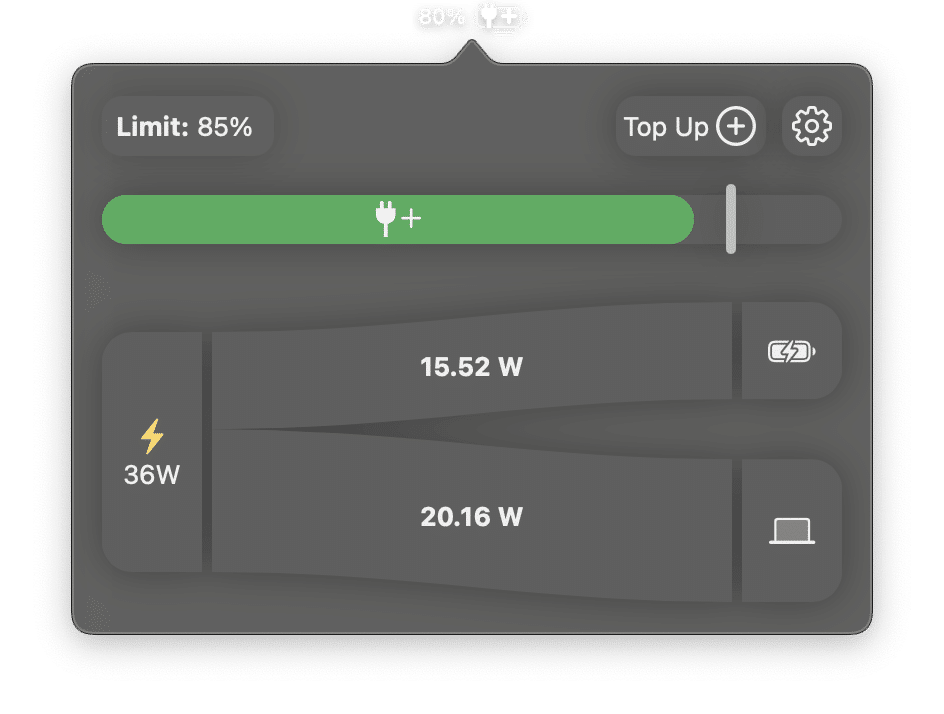 AlDente Power Flow screen showing charger and battery wattage.