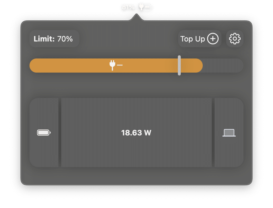 AlDente menu bar popover while discharging at 18.63 W.