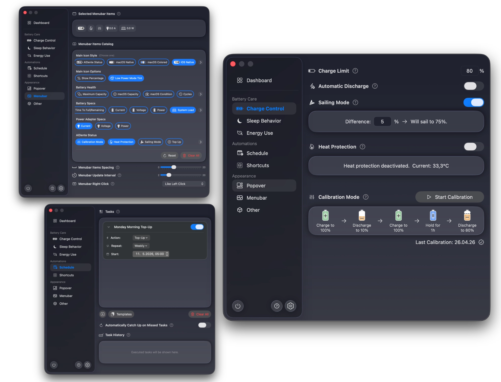 AlDente settings showing battery health menu-bar fields for maximum capacity, macOS condition, cycles, current temperature, voltage, and power.