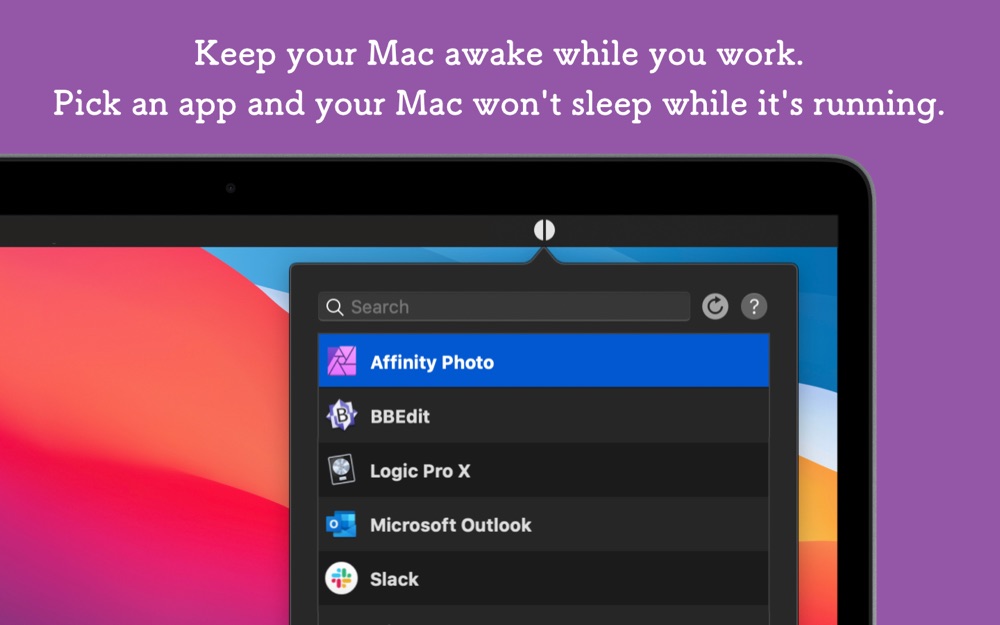 Amphetamine App Store screenshot showing the menu bar dropdown with a list of apps to keep the Mac awake for.