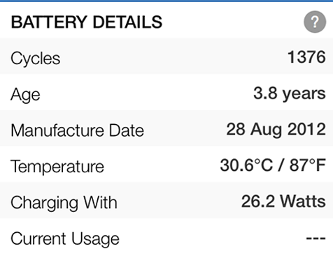 Battery Health 2 details pane listing cycles, age, temperature, and Charging With 26.2 Watts.