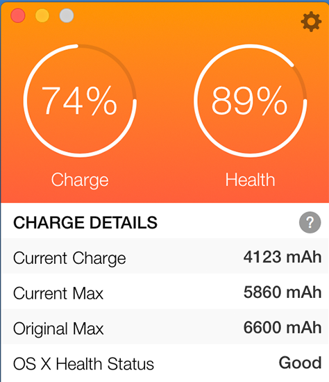 Battery Health 2 main window with 74% charge and 89% health dials above charge details in milliamp-hours.