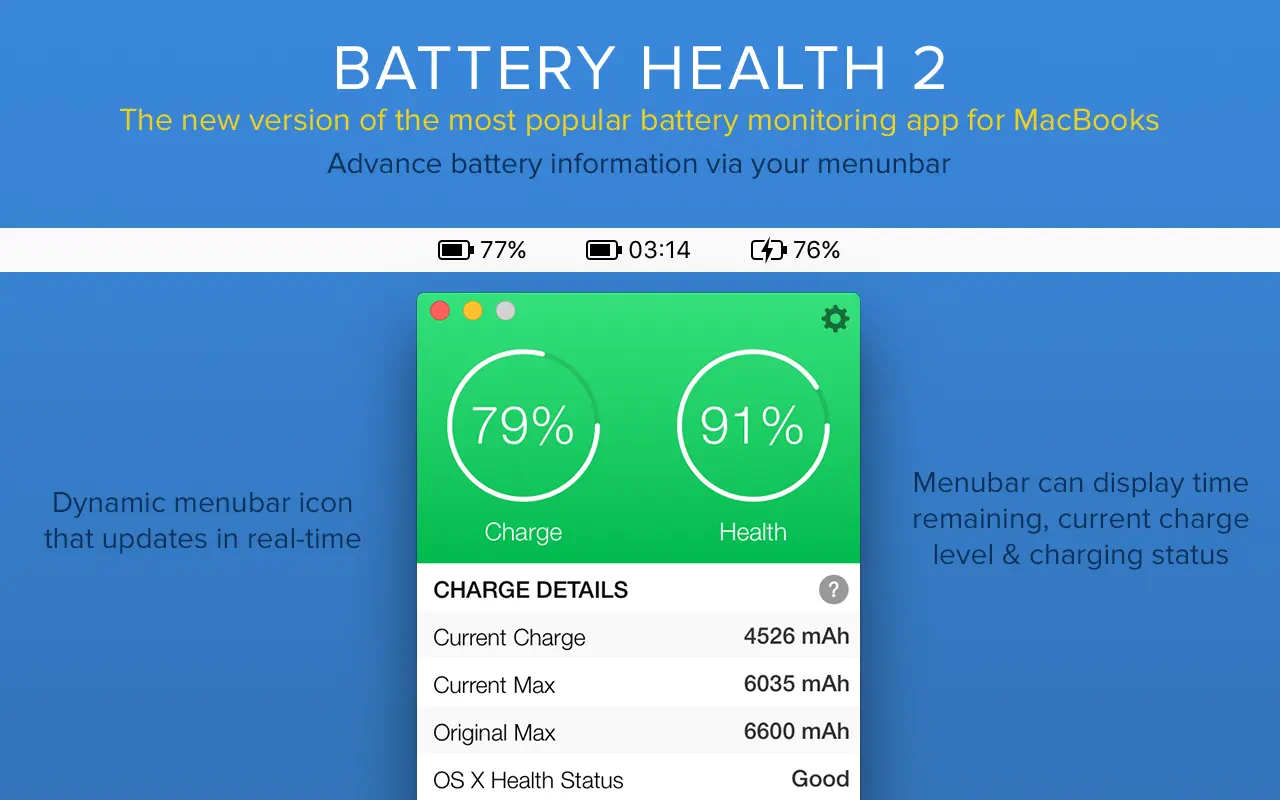 Battery Health 2 App Store screenshot showing dynamic menu-bar icons for percentage, time remaining, and charging status.