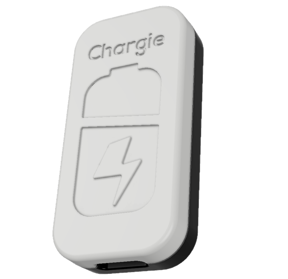 Chargie hardware dongle, a white USB-C pass-through with the Chargie logo.