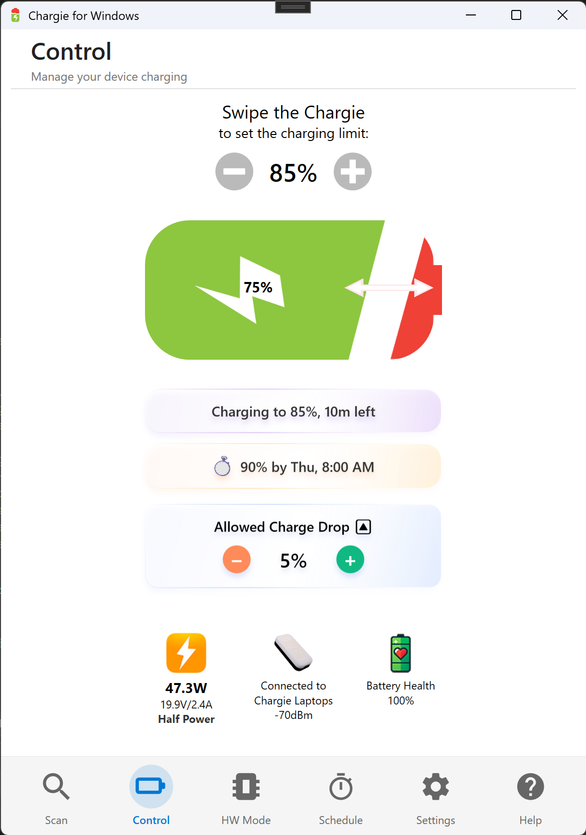 Chargie for Windows control screen showing 47.3 watts at 19.9 volts and 2.4 amps for a connected laptop limiter.