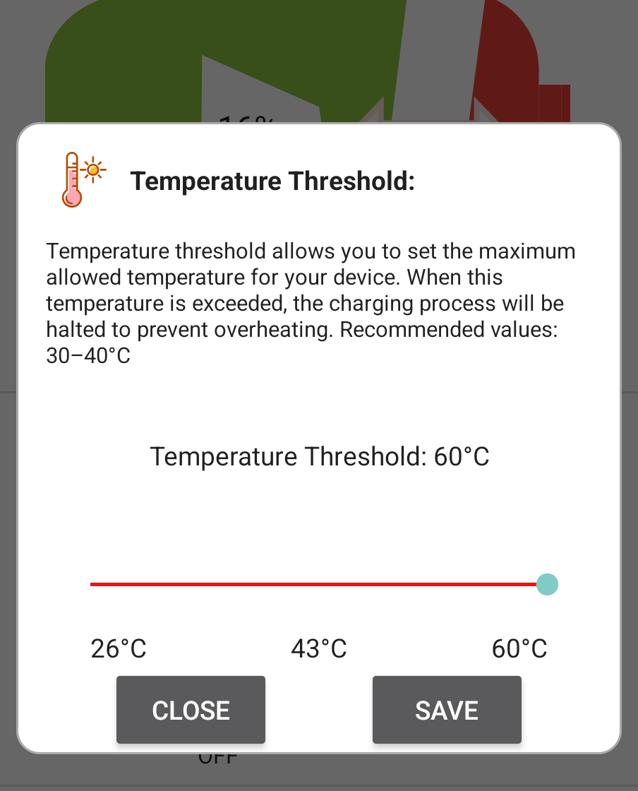 Chargie Android companion app dialog for setting a 26 to 60 degrees Celsius temperature cutoff.