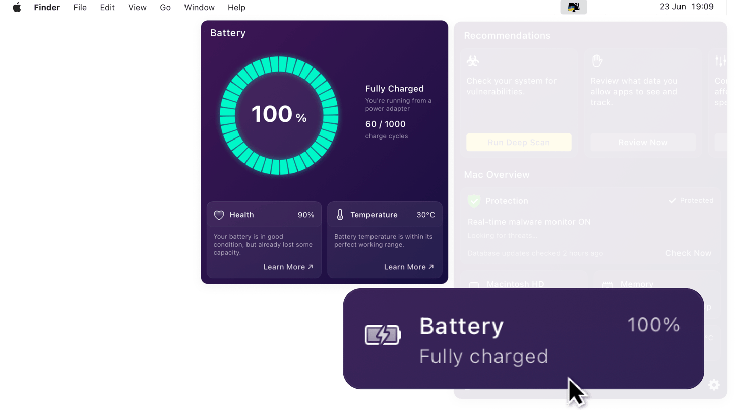 CleanMyMac battery monitor showing charge, cycle count, health percentage, and battery temperature.