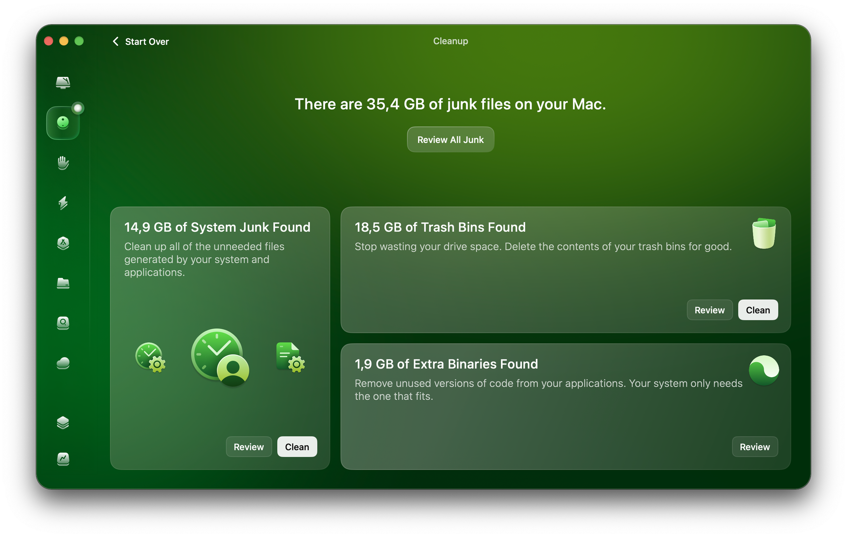 CleanMyMac Cleanup screen reporting system junk, trash bins, and extra binaries found.
