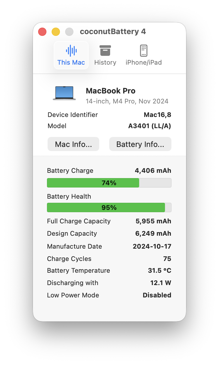 coconutBattery 4 main window showing charge, health, full charge capacity, design capacity, cycles, and temperature for a MacBook Pro.