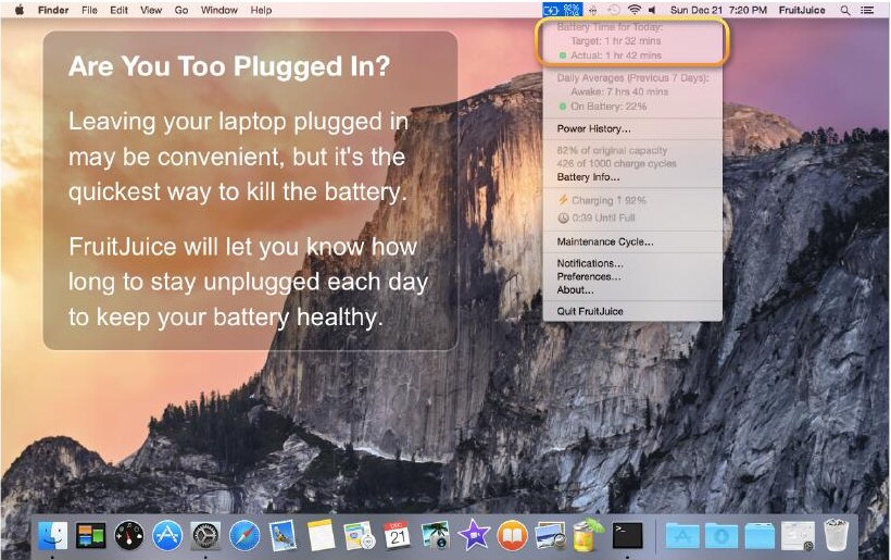 FruitJuice menu-bar popover showing percent of original capacity and charge cycles alongside the daily battery-time target.