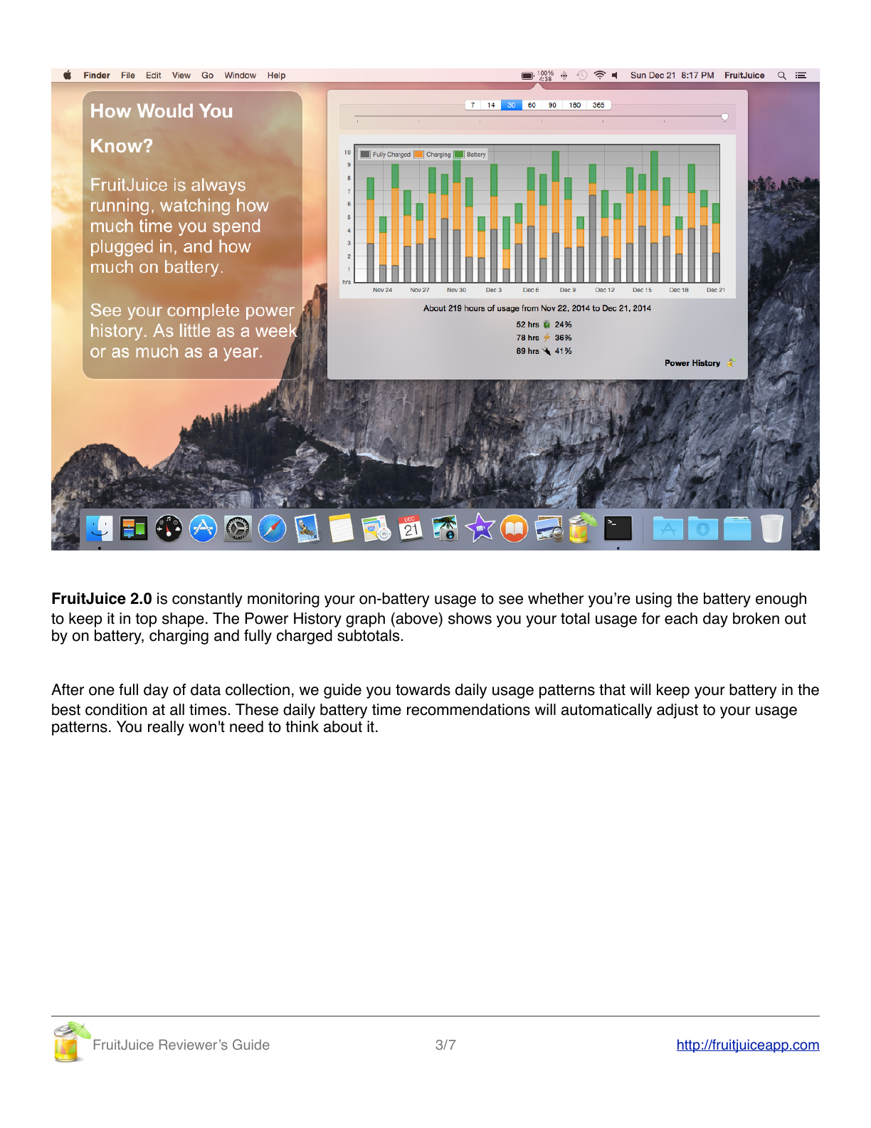 Page from the FruitJuice 2.0 reviewer's guide showing the Power History graph of daily battery usage.