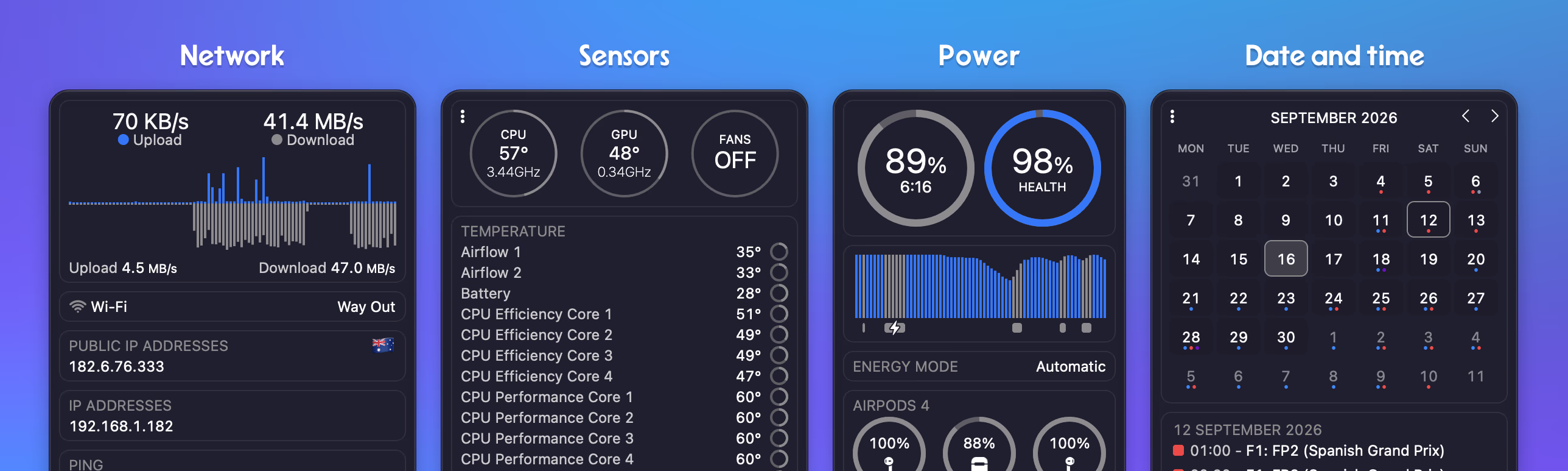 iStat Menus dropdowns for network, sensors, power, and date and time.