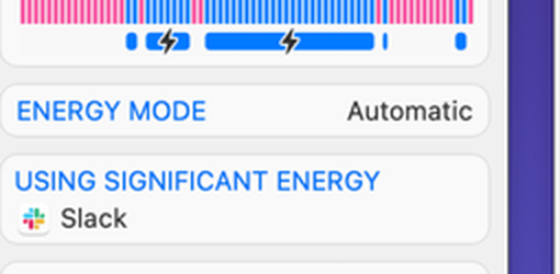 iStat Menus battery panel showing Energy Mode Automatic and a Using Significant Energy list naming Slack.
