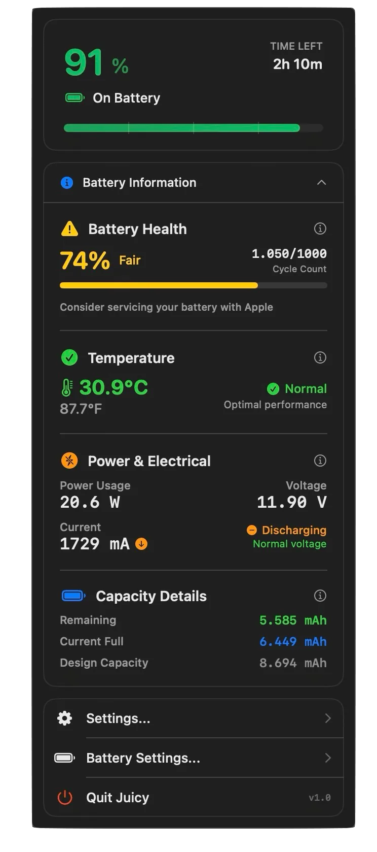 Juicy battery health screen showing a heart icon and 100%.