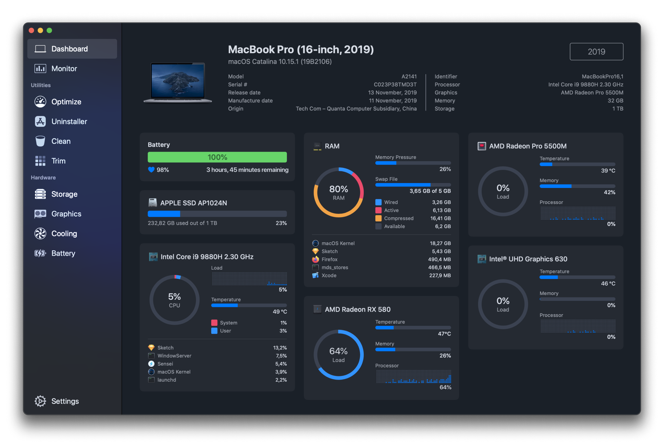 Sensei dashboard window showing hardware summary, SSD health, and battery health for a MacBook Pro.