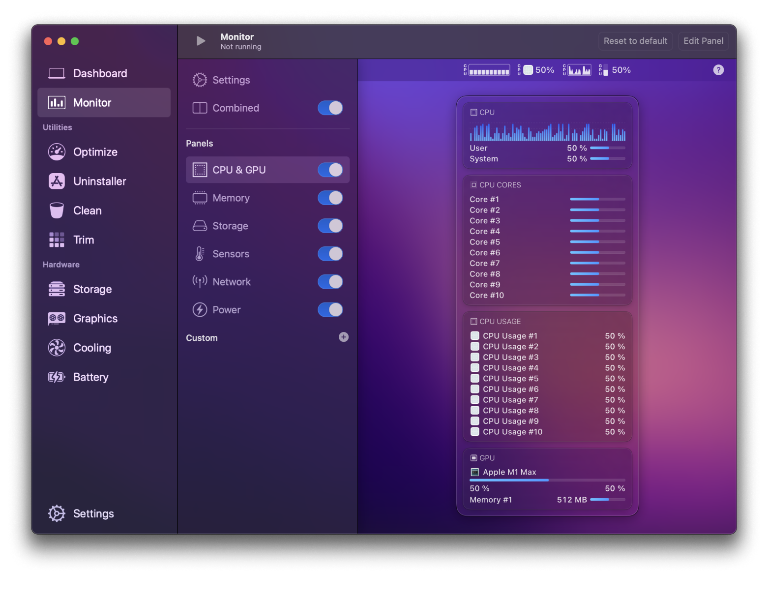 Sensei Monitor panel showing CPU, GPU, memory, and sensor usage graphs.
