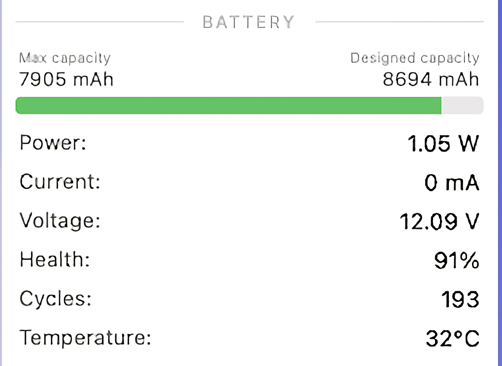 stats battery details showing 91% health, 193 cycles, and 32 degrees Celsius.