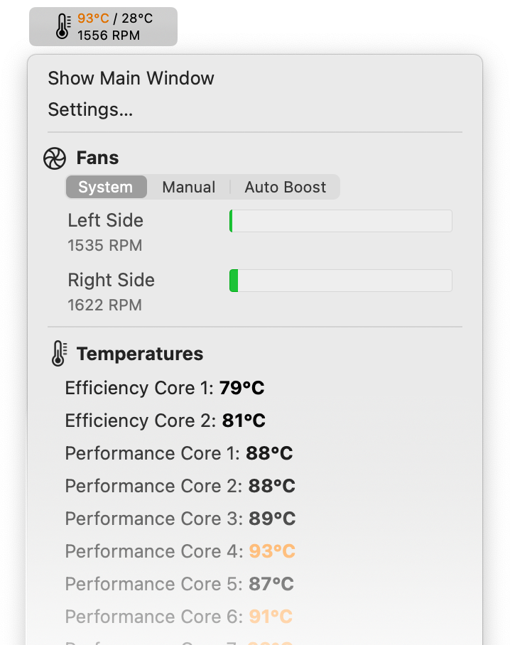TG Pro menu bar dropdown showing fan speeds and per-core temperatures.