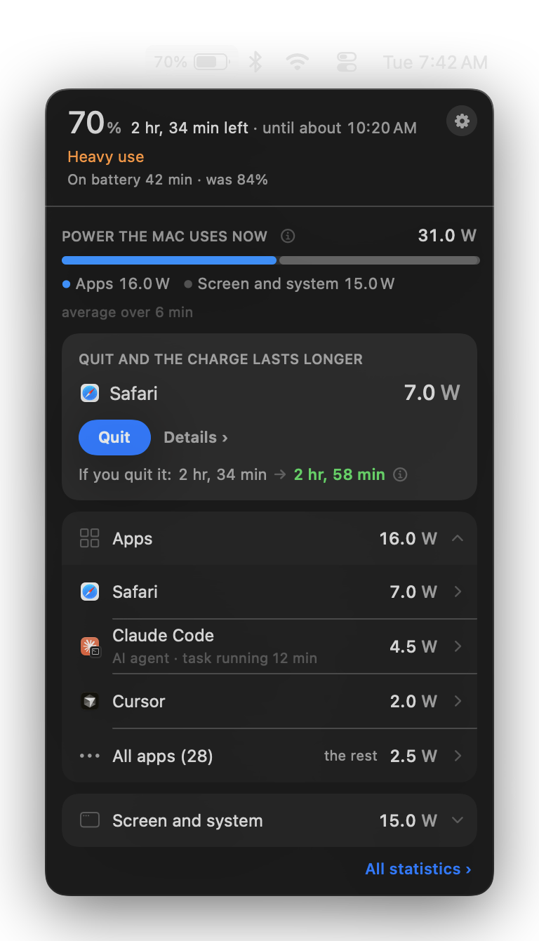 WattMate menu bar panel showing 31.0 W split into Apps 16.0 W and Screen and system 15.0 W, averaged over 6 minutes, with Safari at 7.0 W.