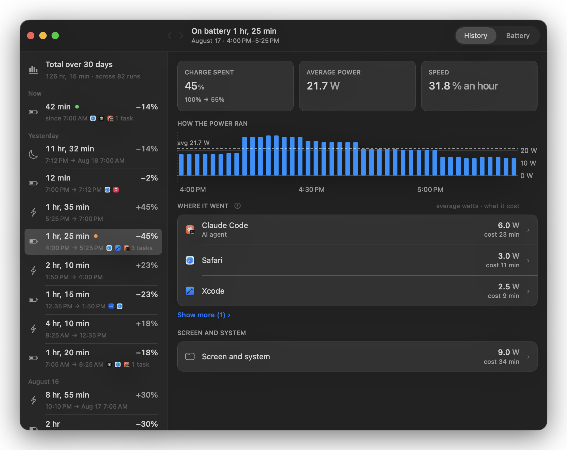 WattMate history window listing on-battery runs, with a 1 hr 25 min run averaging 21.7 W and Claude Code, Safari, and Xcode as the top apps.